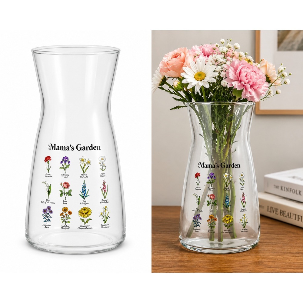 Mama's Garden Birth Month Flowers‎  Glass Vase 8" Floral Mother's Day Gift Mom